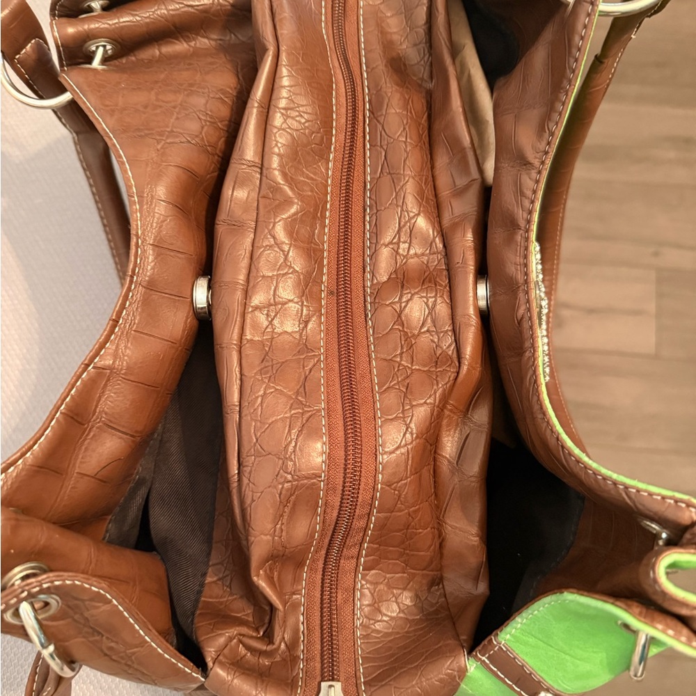Fleur-De-Lis Brown & Lime Green Women's Handbag - Picture 9 of 12